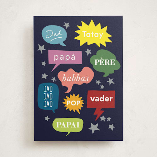 This is a navy fathers day cards with standard by Lauren Richel Kelly called dad in every language printing on signature in greeting cards