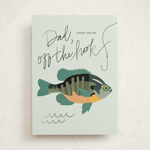 This is a seafoam birthday cards for him with standard by Emily Fratson called off the hook printing on signature in greeting cards