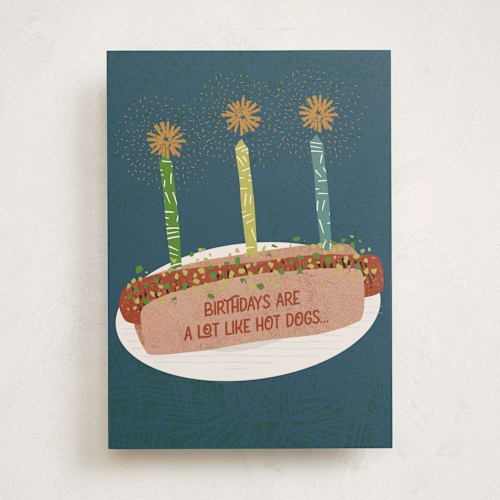 This is a blue spruce birthday cards for him with standard by Jenna Holcomb called hot dog printing on signature in greeting cards