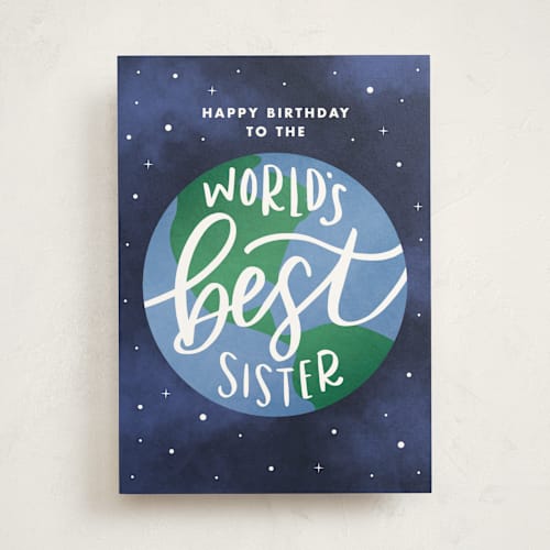 This is a midnight birthday cards for her with standard by Jen Banks called world's best sister printing on signature in greeting cards