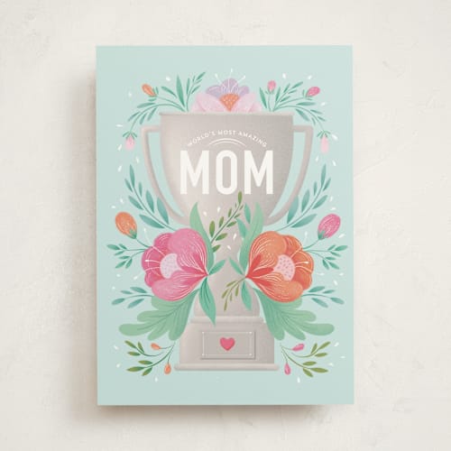 This is a aqua birthday cards for her with standard by Gia Graham called trophy mom printing on signature in greeting cards