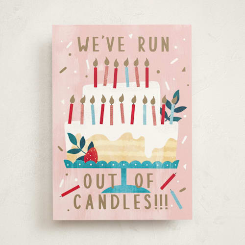 This is a peach birthday cards for her with standard by Cindy Chu called we've run out of candles! printing on signature in greeting cards