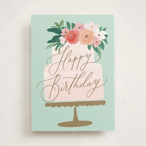 This is a mint birthday cards for her with standard by Everett Paper Goods called floral cake printing on signature in greeting cards