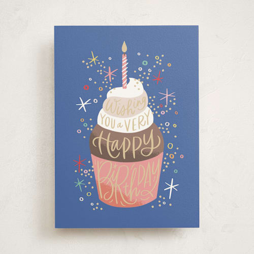 This is a royal blue birthday cards for her with standard by Alethea and Ruth called cupcake confetti printing on signature in greeting cards