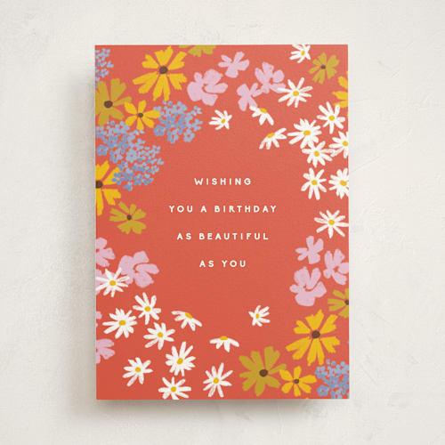 This is a nectarine birthday cards for her with standard by Olivia Kanaley Inman called wildflowers printing on signature in greeting cards