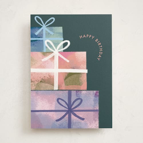 This is a forest birthday cards for her with standard by Bethan called stacked gifts printing on signature in greeting cards