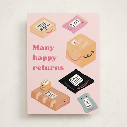This is a baby pink birthday cards for her with standard by Catherine Culvenor called happy returns printing on signature in greeting cards