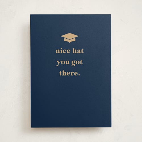 This is a navy graduation cards with standard by Lea Delaveris called hey nice hat printing on signature in greeting cards