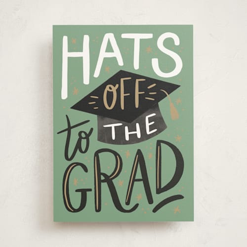 This is a sage graduation cards with standard by Alethea and Ruth called hats off toss printing on signature in greeting cards