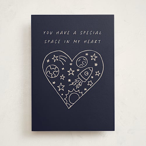 This is a navy friendship cards with standard by Nicole Walsh called space in my heart printing on signature in greeting cards