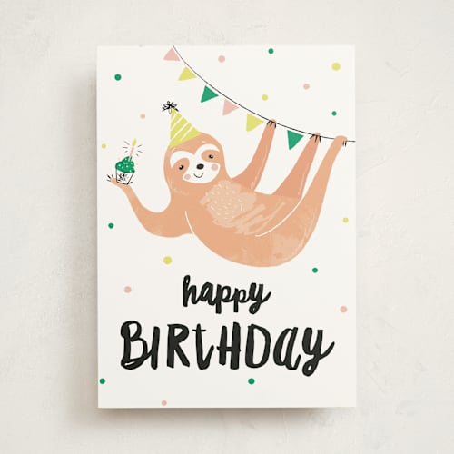 This is a tawny birthday cards for kids with standard by Melissa Egan of Pistols called party sloth printing on signature in greeting cards