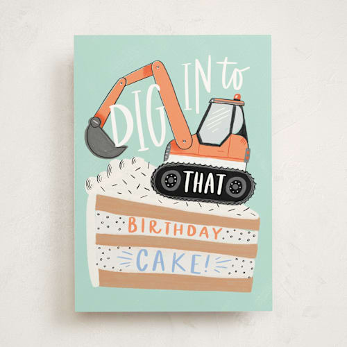 This is a mint birthday cards for kids with standard by Alethea and Ruth called digger cake printing on signature in greeting cards