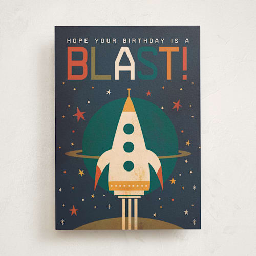 This is a space birthday cards for kids with standard by Laura Mitchell called birthday blast! printing on signature in greeting cards