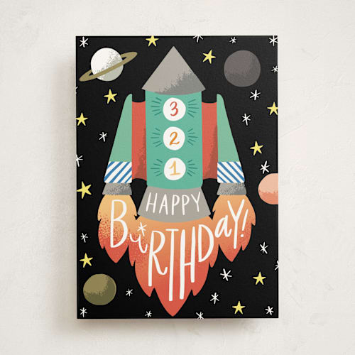 This is a outer space birthday cards for kids with standard by Alethea and Ruth called 3, 2, 1 lift off! printing on signature in greeting cards