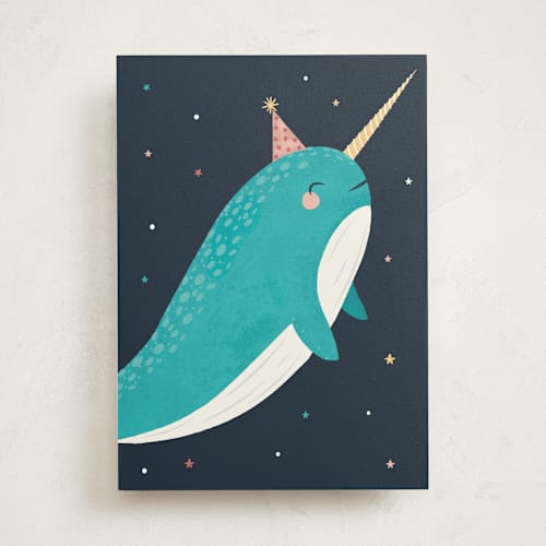 This is a navy birthday cards for kids with standard by Marina Onoprienko called magic narwhal printing on signature in greeting cards
