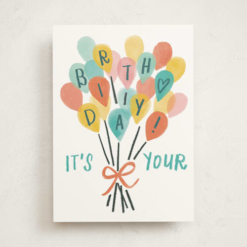 This is a colorful birthday cards for kids with standard by Rebecca Daublin called balloon bouquet printing on signature in greeting cards