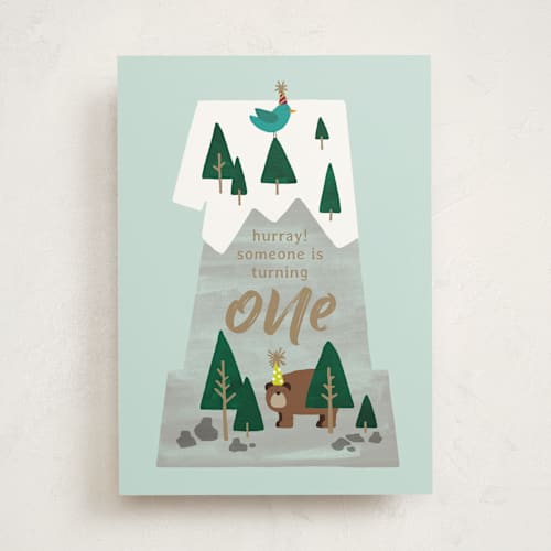 This is a mint birthday cards for kids with standard by JeAnna Casper called one mountain printing on signature in greeting cards
