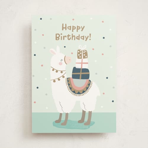 This is a mint birthday cards for kids with standard by peetie design called llama presents printing on signature in greeting cards