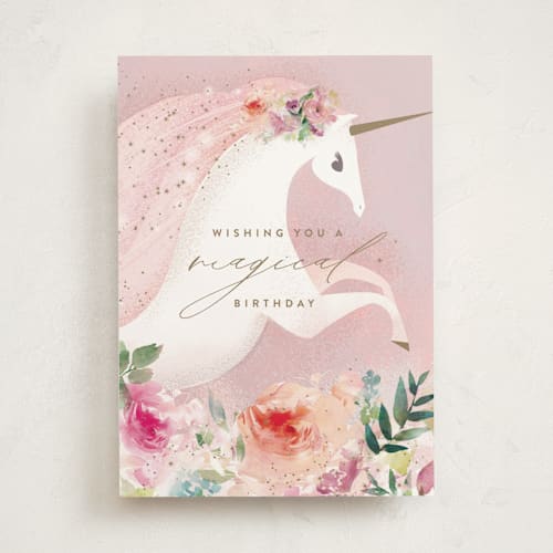 This is a blush birthday cards for kids with standard by Lori Wemple called unicorn dream printing on signature in greeting cards