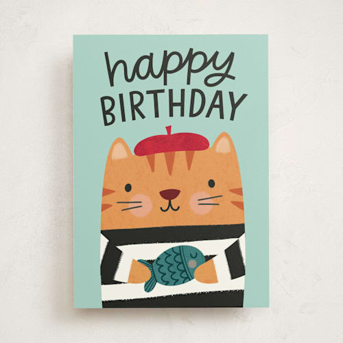 This is a seafoam birthday cards for kids with standard by Kristen Magee called beret birthday printing on signature in greeting cards