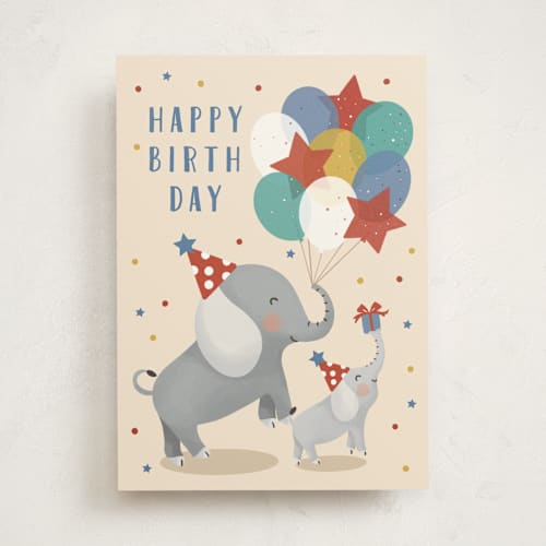 This is a colorful birthday cards for kids with standard by Christy Hy Lee called birthday elephants printing on signature in greeting cards