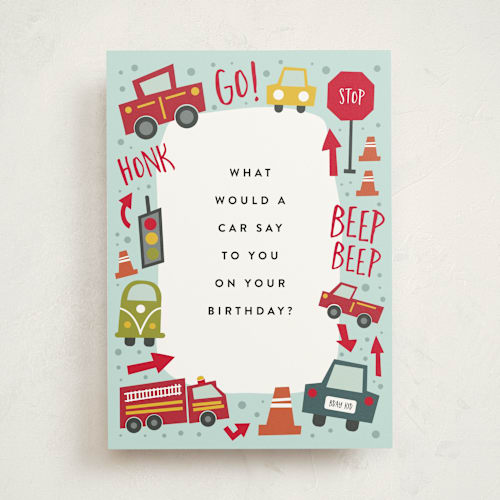 This is a aqua birthday cards for kids with standard by Amy Payne called wheelie great printing on signature in greeting cards