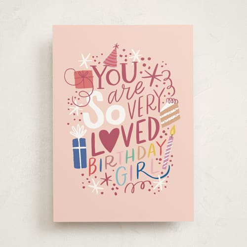 This is a blush birthday cards for kids with standard by Alethea and Ruth called you are so loved birthday girl printing on signature in greeting cards