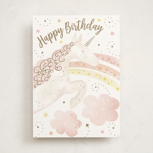 This is a blush birthday cards for kids with standard by Starry Lane Studio called unicorn sky printing on signature in greeting cards