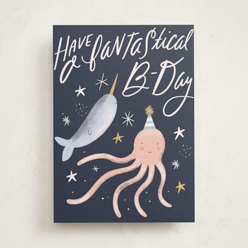 This is a navy birthday cards for kids with standard by Hannah Williams called magical sea printing on signature in greeting cards
