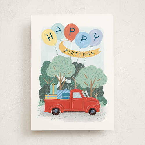 This is a crimson birthday cards for kids with standard by Paper Sun Studio called truck load birthday printing on signature in greeting cards