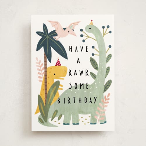 This is a jungle birthday cards for kids with standard by Cindy Chu called rawrsome birthday printing on signature in greeting cards