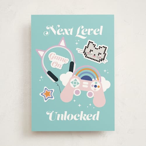 This is a frost birthday cards for kids with standard by Corinne Malesic called kitty gamer printing on signature in greeting cards