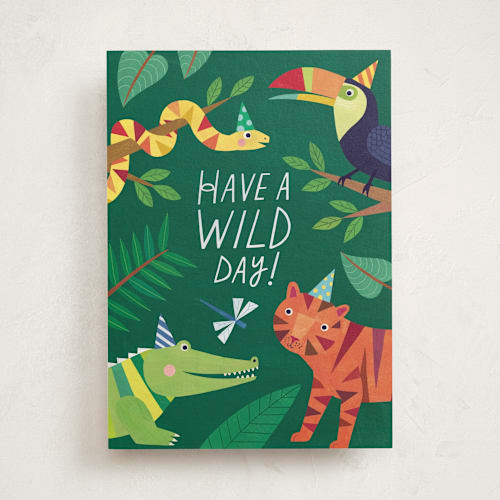 This is a forest birthday cards for kids with standard by melanie mikecz called wild day printing on signature in greeting cards
