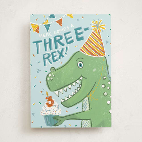 This is a glacier birthday cards for kids with standard by Corie Page called three rex printing on signature in greeting cards