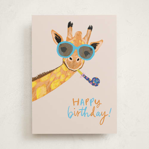 This is a coral birthday cards for kids with standard by Cass Loh called playful giraffe printing on signature in greeting cards