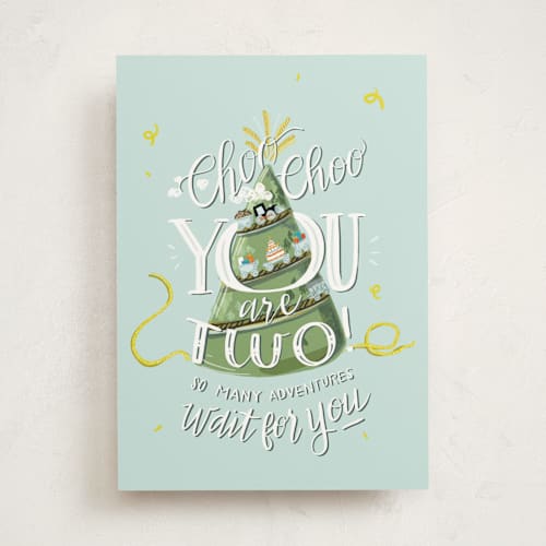 This is a mint birthday cards for kids with standard by Corie Page called choo choo you're two printing on signature in greeting cards