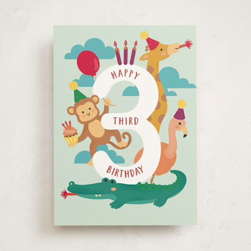 This is a seafoam birthday cards for kids with standard by Christy Hy Lee called safari animals printing on signature in greeting cards