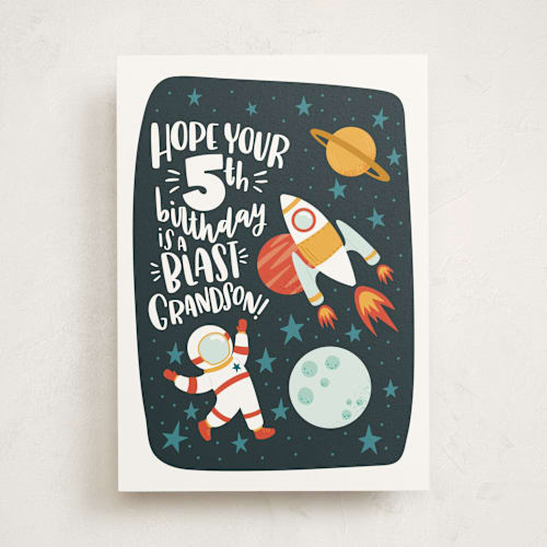This is a midnight birthday cards for kids with standard by Erin Williams Licensed Art called hope your birthday is a blast printing on signature in greeting cards