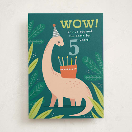 This is a forest birthday cards for kids with standard by Karidy Walker called birthday dino printing on signature in greeting cards