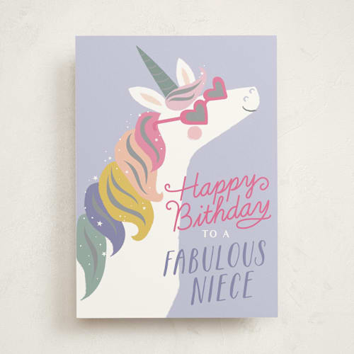 This is a lavender birthday cards for kids with standard by Karidy Walker called fabulous unicorn printing on signature in greeting cards