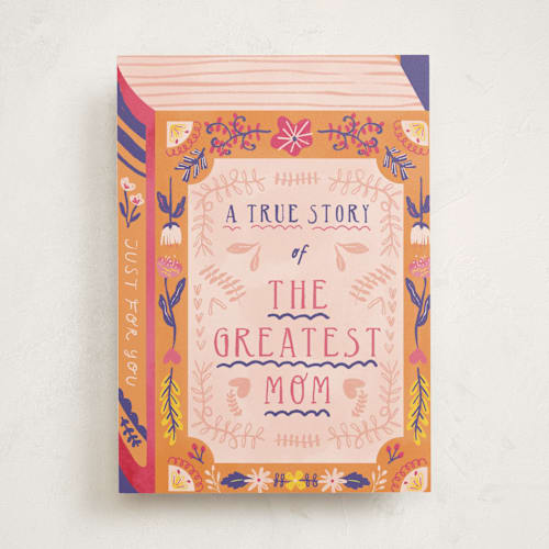 This is a peach mothers day cards with standard by Kartika Paramita called the greatest book of history about mom printing on signature in greeting cards