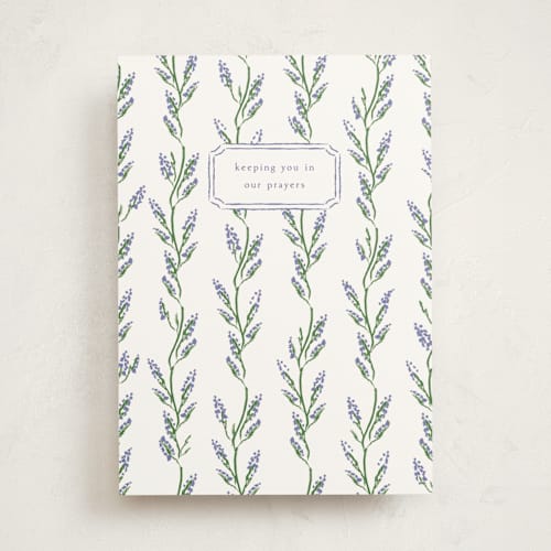 This is a lavender sympathy cards with standard by Sarah Rosenthal called wisteria printing on signature in greeting cards