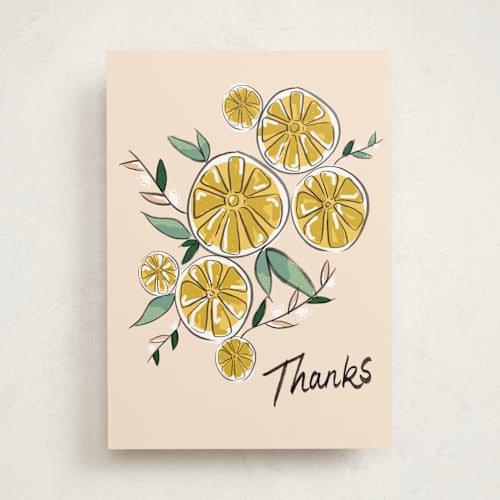 This is a peach greeting cards with standard by Christie Elise called hello lemon! printing on signature in greeting cards