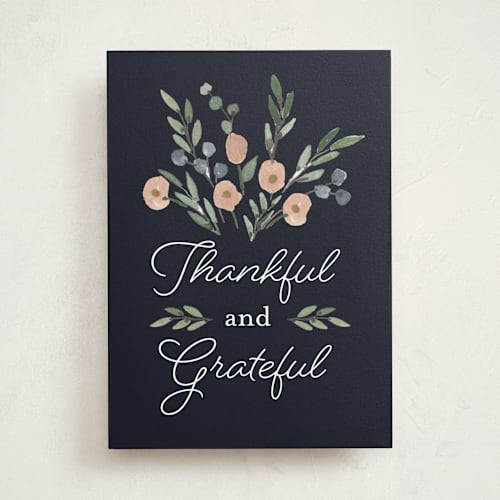 This is a navy greeting cards with standard by Olivia Merritt called thankful and grateful printing on signature in greeting cards