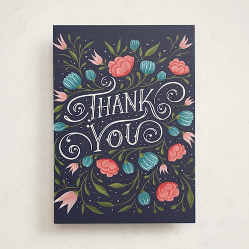 This is a navy greeting cards with standard by Hannah Williams called thank you floral printing on signature in greeting cards