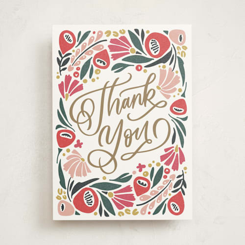 This is a magenta greeting cards with standard by Kristen Smith called thank you in bloom printing on signature in greeting cards