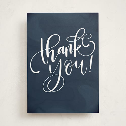 This is a navy greeting cards with standard by Amy Payne called thank you flourish printing on signature in greeting cards