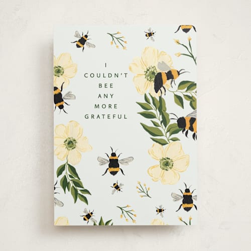 This is a bumblebee greeting cards with standard by Taylor Mahlke called bee thankful printing on signature in greeting cards