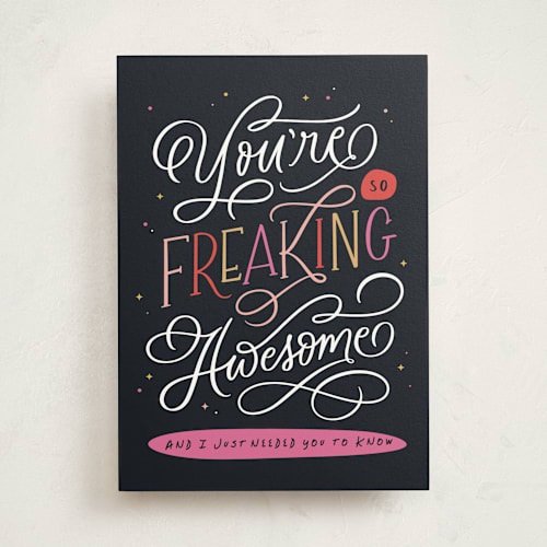 This is a midnight greeting cards with standard by Kristen Smith called freaking awesome printing on signature in greeting cards