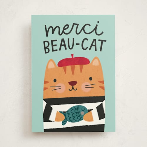 This is a seafoam greeting cards with standard by Kristen Magee called merci beau-cat printing on signature in greeting cards